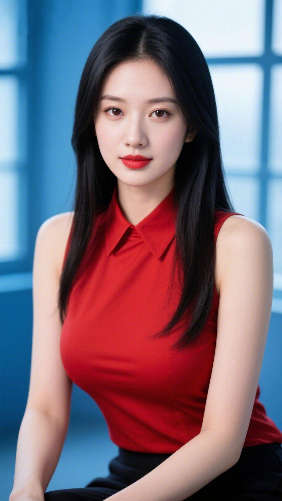 《红衣映窗的温软》她身上的红，是揉碎的夕照落进了衣料里。素净领口轻贴肩线，