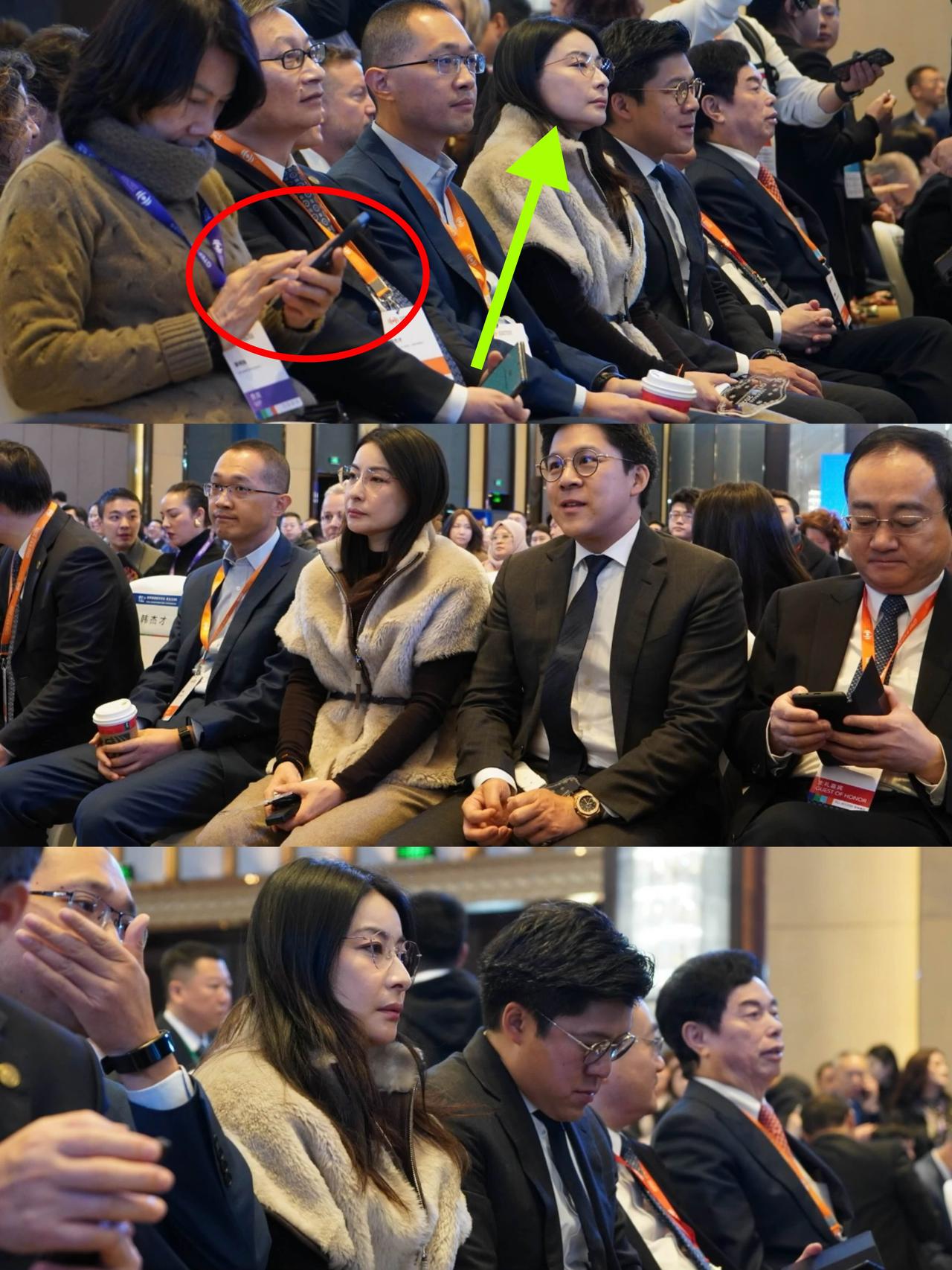 要不说人家郭晶晶能成功呢？你看看她的动作谢霆锋在台上演讲，她不仅抬头学，并且