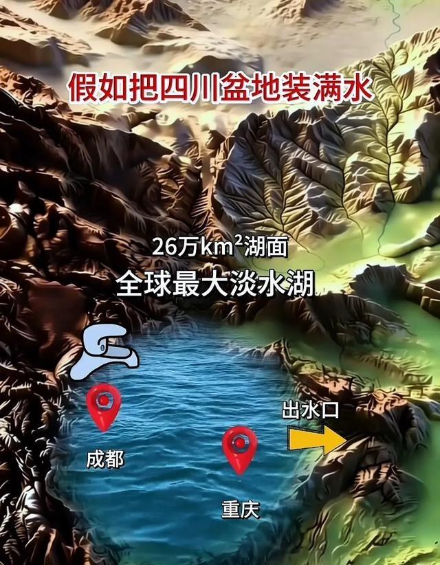 四川盆地近乎封闭，仅三峡连通外部。灌满水将成26万平方公里大湖，蓄水量80万亿立