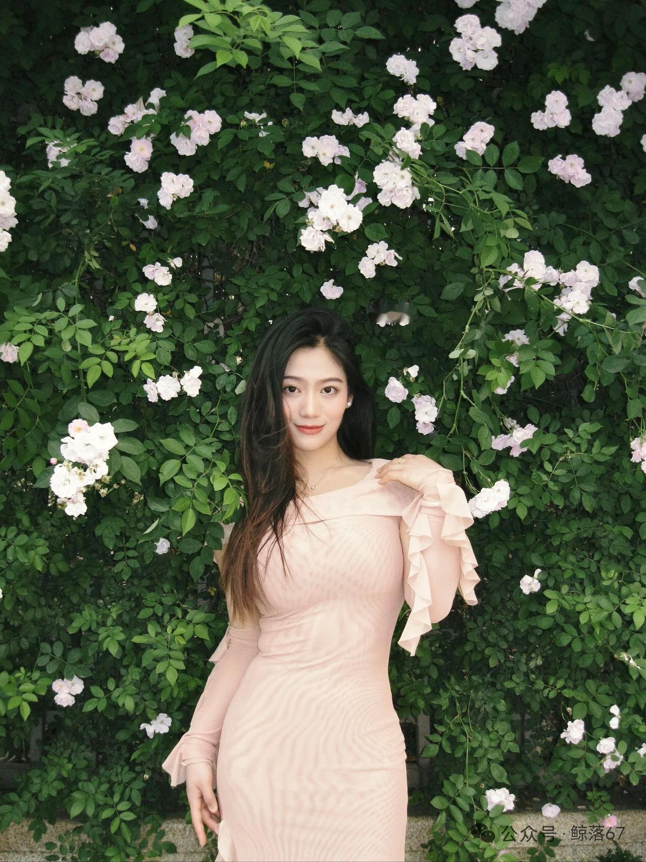 浅粉柔裙衬温婉身姿，少女徜徉在盛放的白蔷薇花墙之间，满目翠绿枝叶簇拥着清甜繁花，