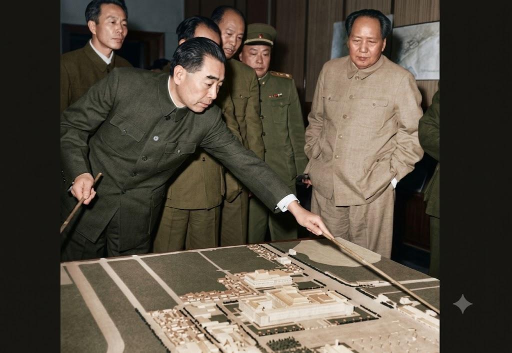 1958年底，时任国务院总理周恩来正手持指挥棒，神情专注地俯身指着沙盘模型，向身