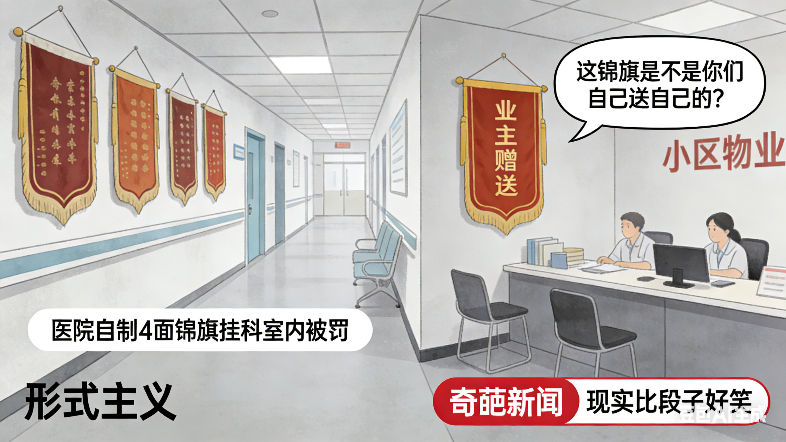 秦岭笑谈医院自制4面锦旗挂科室内被罚真的是离谱他妈给离谱开门，离谱到家了！医院本