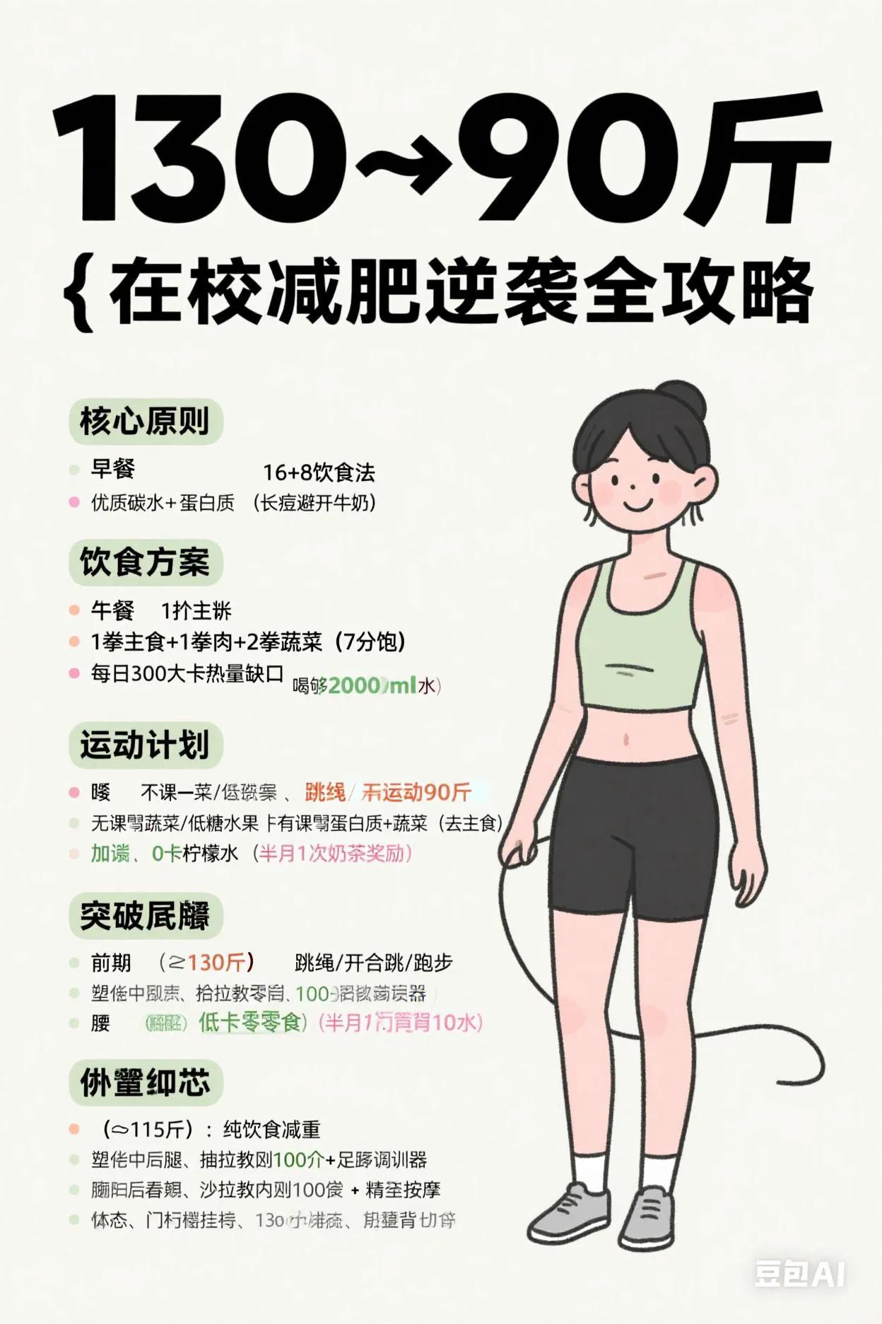 **130→90斤｜在校减肥逆袭全攻略****核心原则：**16+