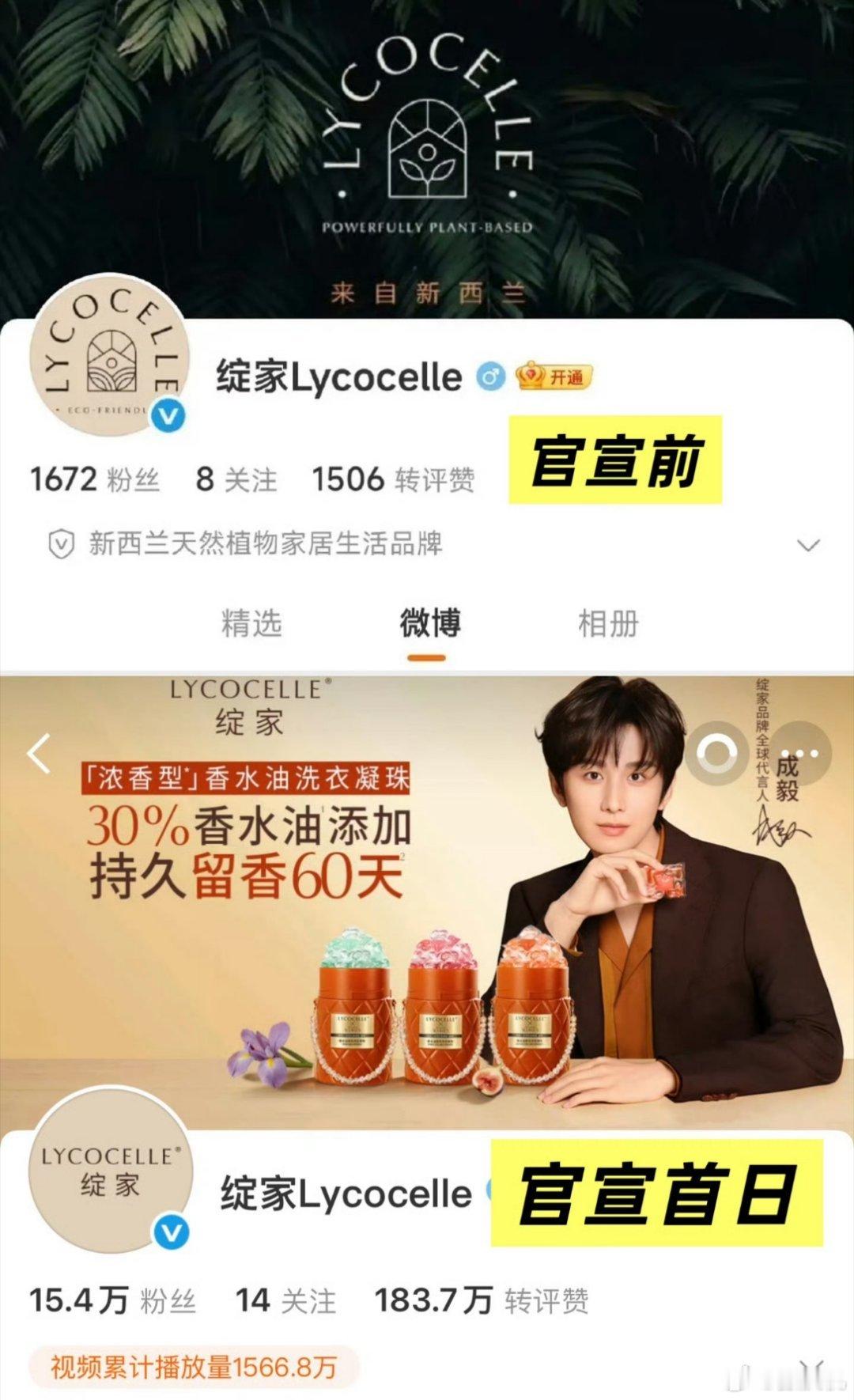 成毅成为绽家首位全球代言人，品牌粉丝量短时间内大幅增长，十五万+的增量很有说服力
