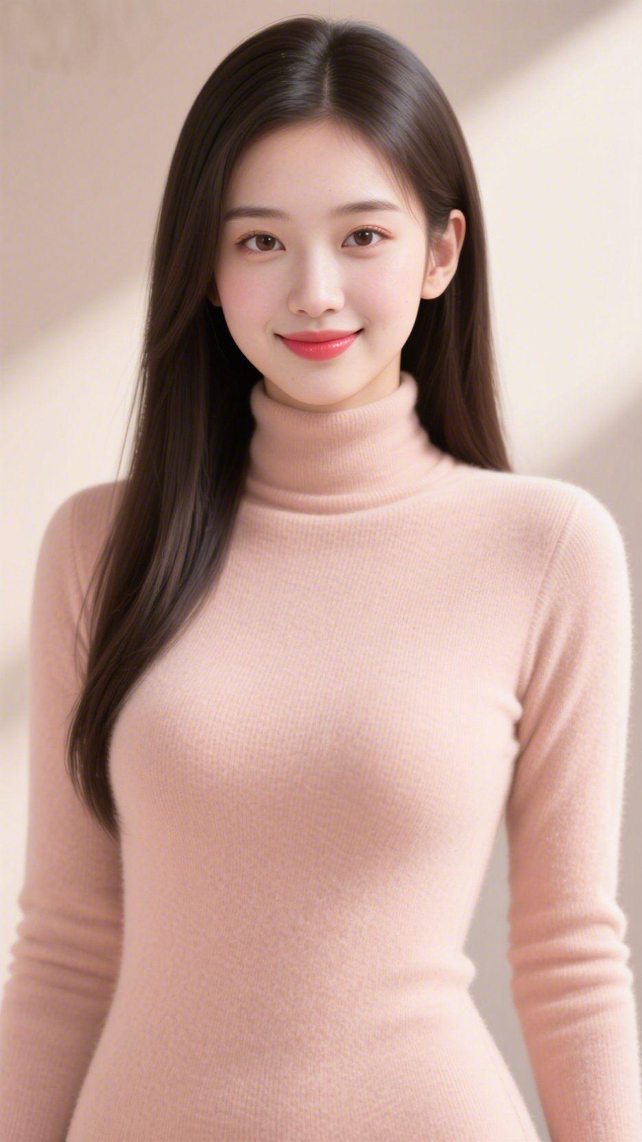 《暖粉针织的轻柔日常》淡暖的粉融在针织纹路里，像把春日软云揉进了衣料。高领