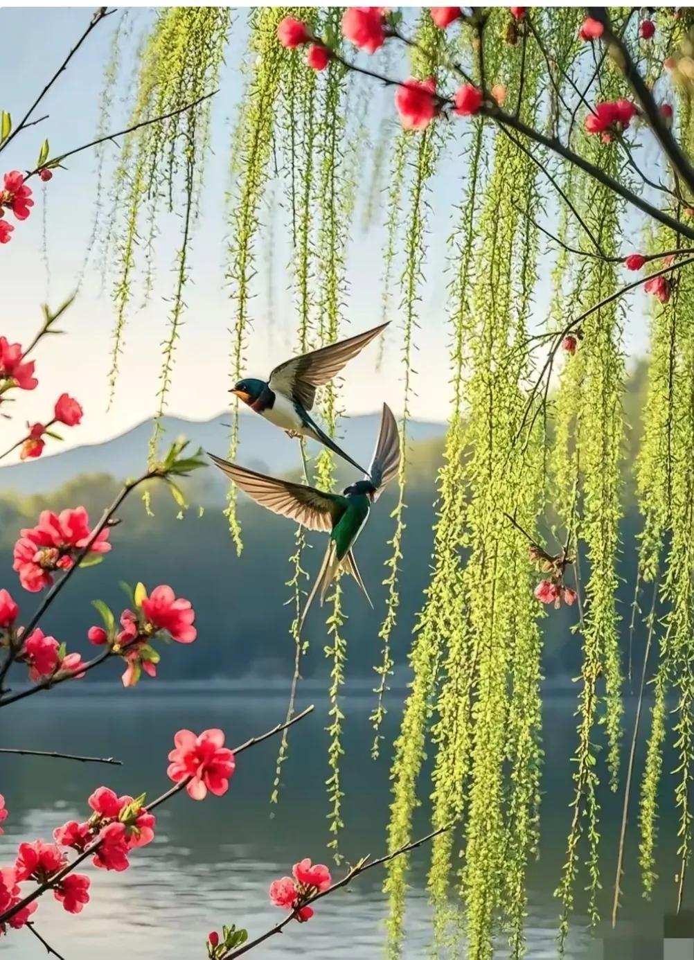 细雨润枝海棠香，黄鹂戏水逐波光。一帘春意窗前过，满堤绿柳舞霓裳。