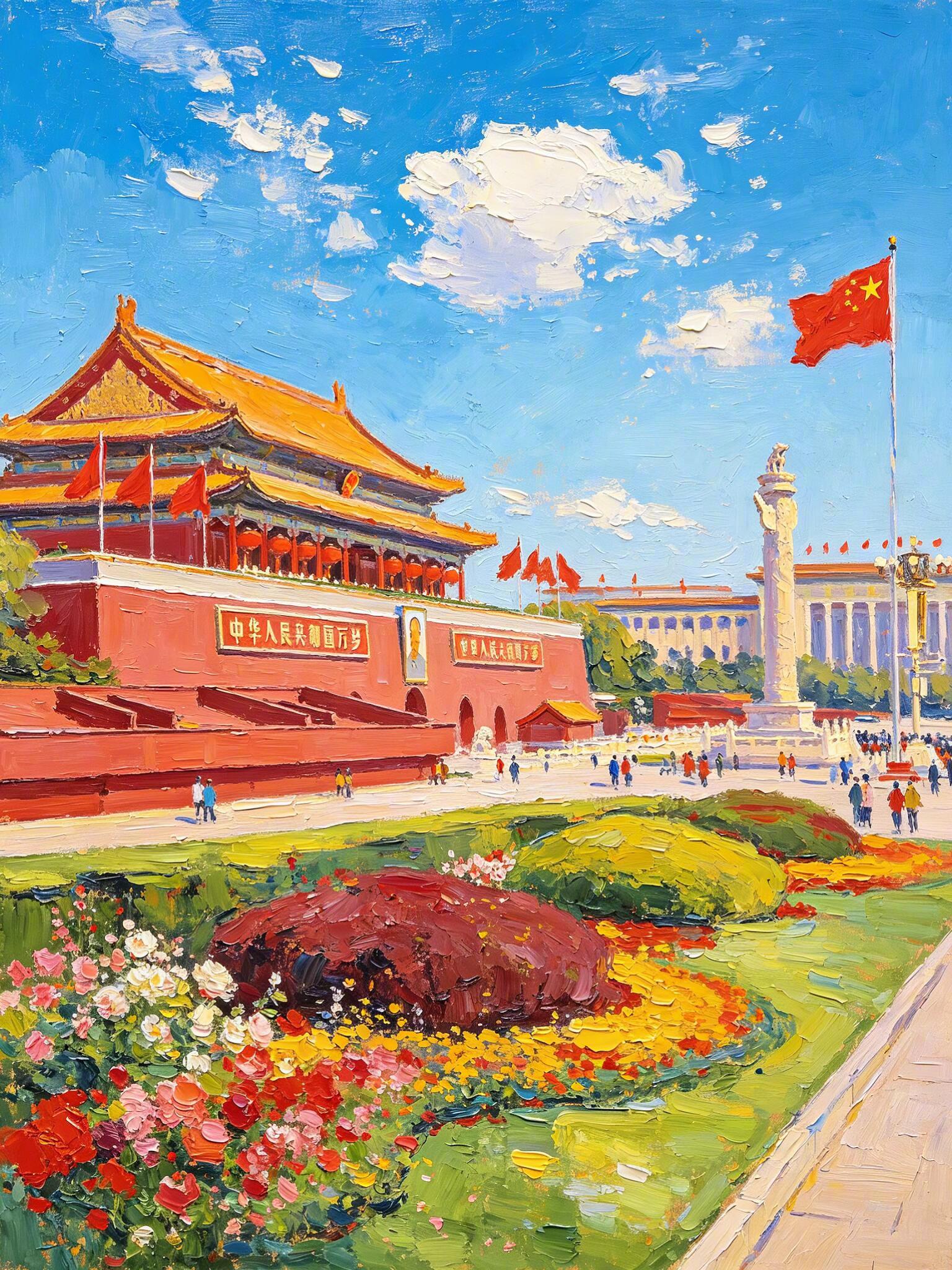 厚涂刮刀油画，定格首都北京的风景。