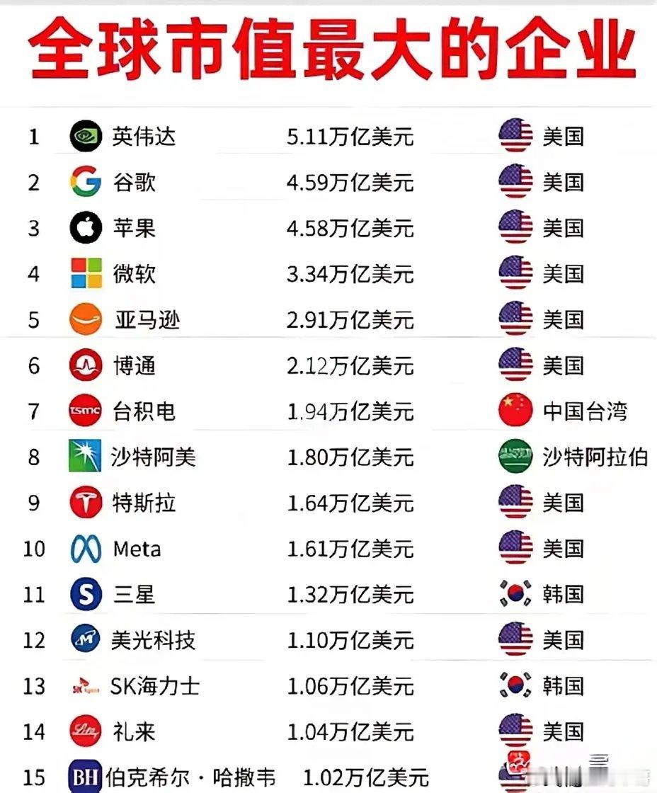 中国的科技股涨得还是不够高！全球市值最大的企业，最高的英伟达市值高达5.11万美