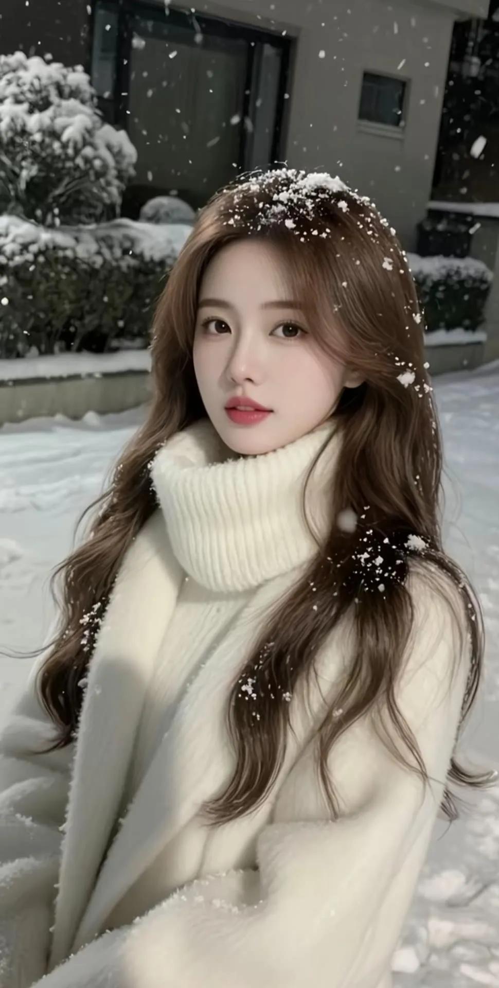 冬日暖阳下，雪中漫步，感受冬日浪漫街拍高清美女