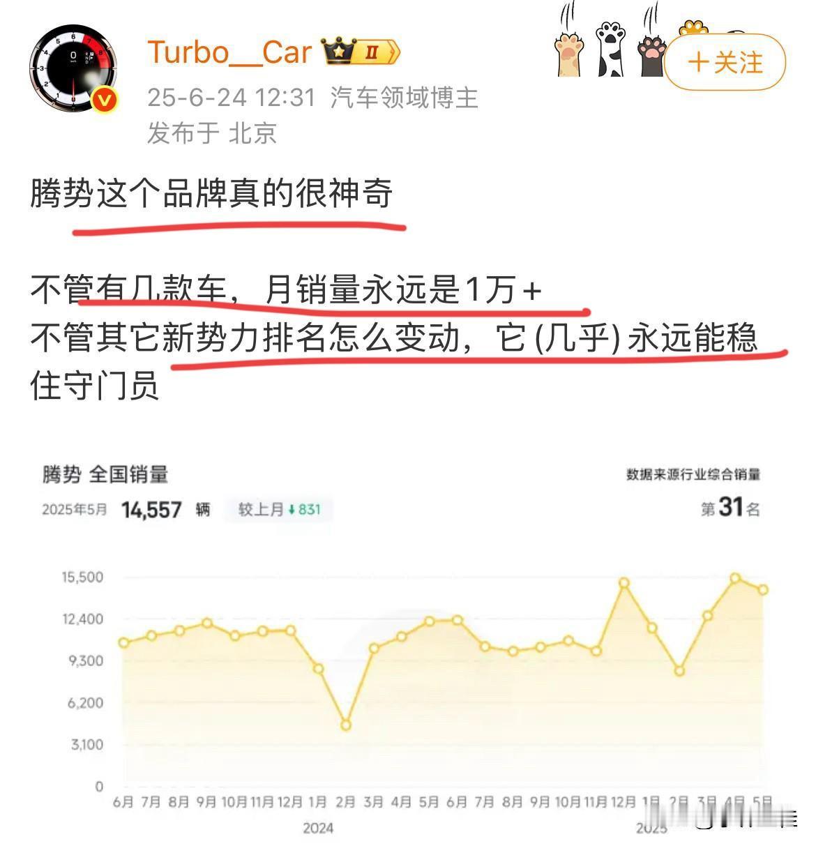 博主：“腾势这个品牌真神奇！不管几款车，月销量永远1万+，不管其他家排名如何变动