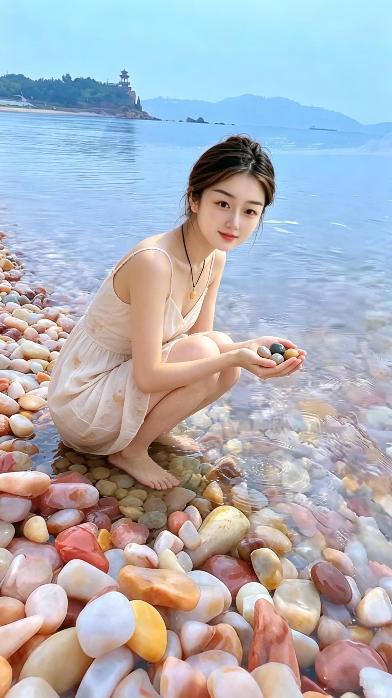 浅滩拾翠一袭纱裙伫立水旁，玲珑倩影倒映波光。俯身轻捡斑斓之石，静蹲闲观远岫青
