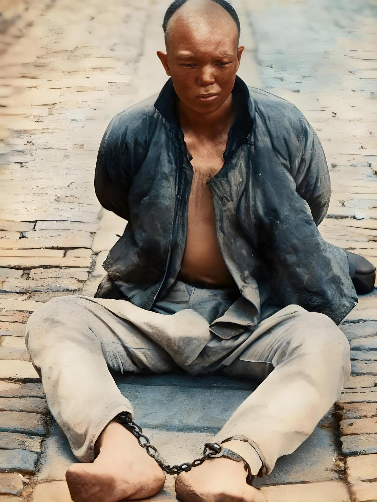 1911年，革命党人杨洪胜就义前的悲壮模样。他戴着冰冷沉重的脚镣，瘫坐在地，双眼