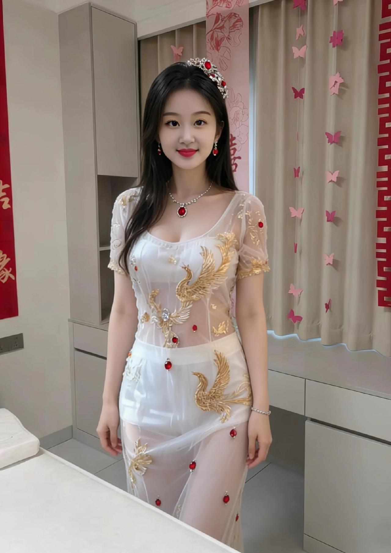 白纱金凤绣玲珑，一点红珠落掌中。笑立庭前凝春色，嫣然如醉海棠风。