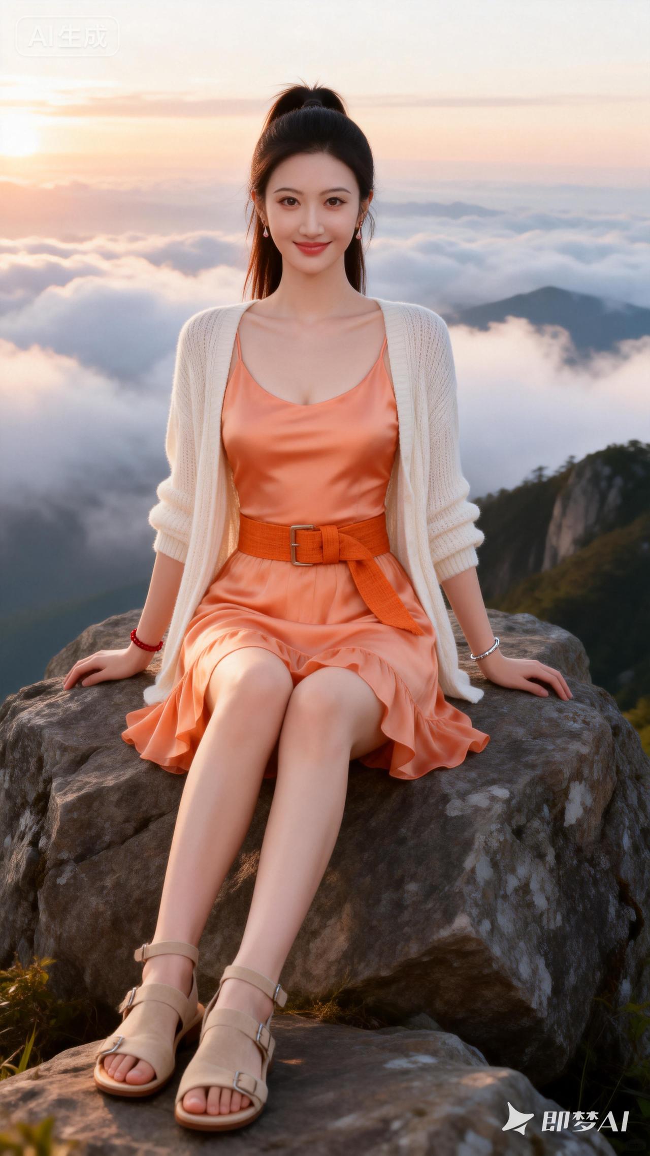 云海之上，少女轻坐，悠然自得。