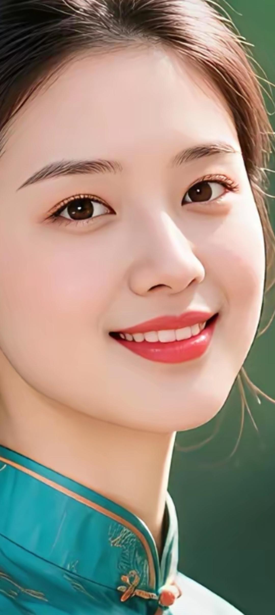 微笑的少女，蓝绿色旗袍，清新自然