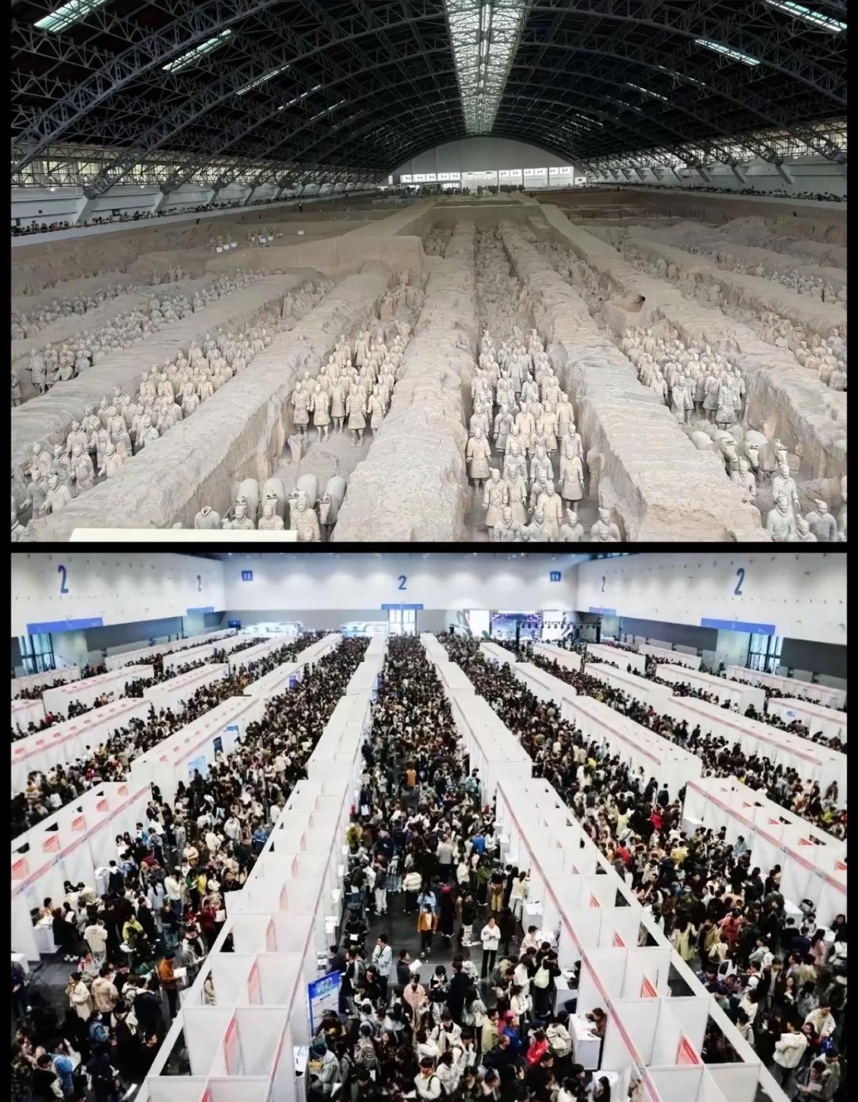 真给这两张图看呆了，一张大家耳熟能详的是兵马俑一张被人们打趣称为“牛马佣”。
