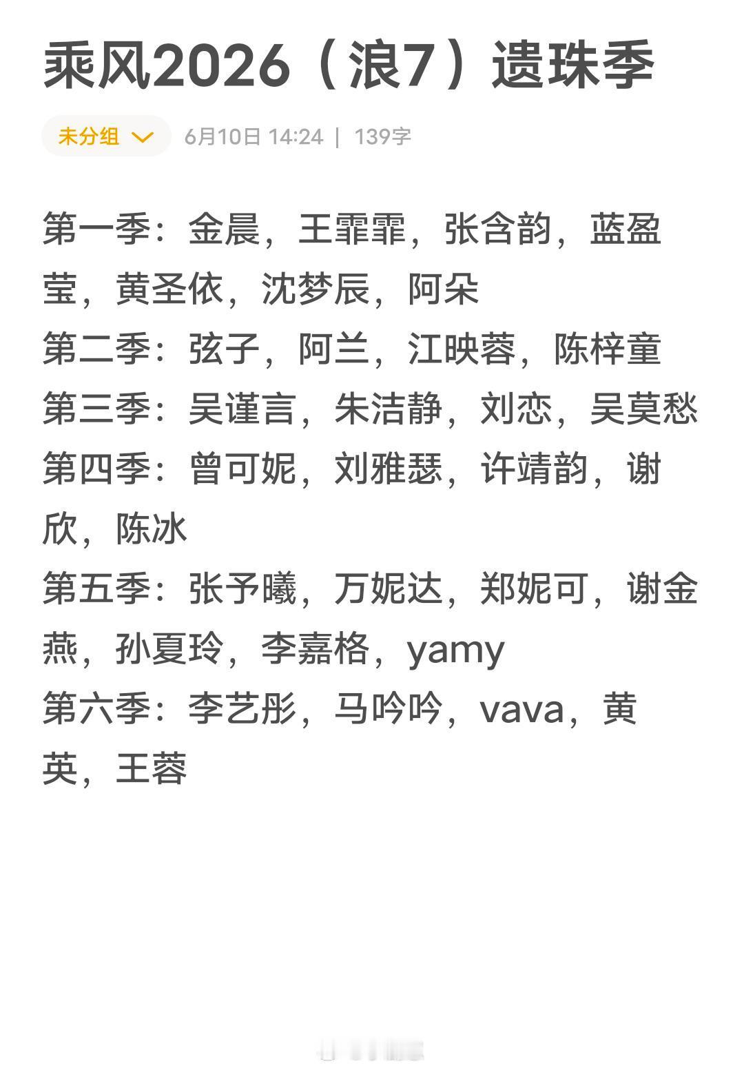 乘风2025乘风2026（浪7）遗珠季第一季：金晨，王霏霏，张含韵，蓝盈
