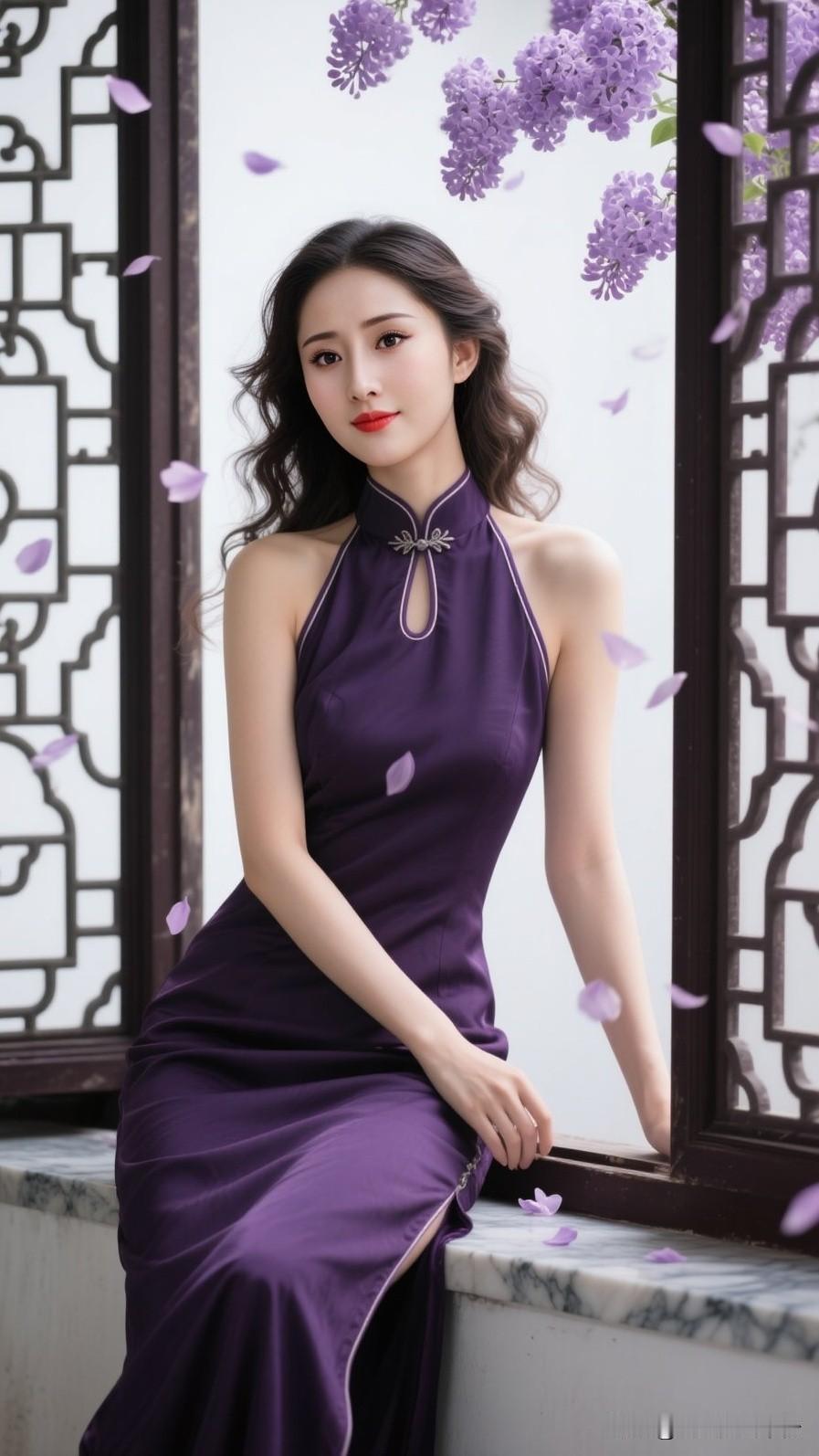 ✨紫色挂脖旗袍｜东方温婉氛围感💜紫丁香落满古窗🪟挂脖剪裁露出优雅肩颈深