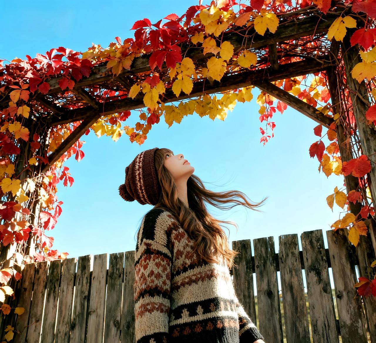 照片的光影是塑造秋意的武器。光线是“透亮型”：枝叶筛下的光斑落在屋顶和人物身上，