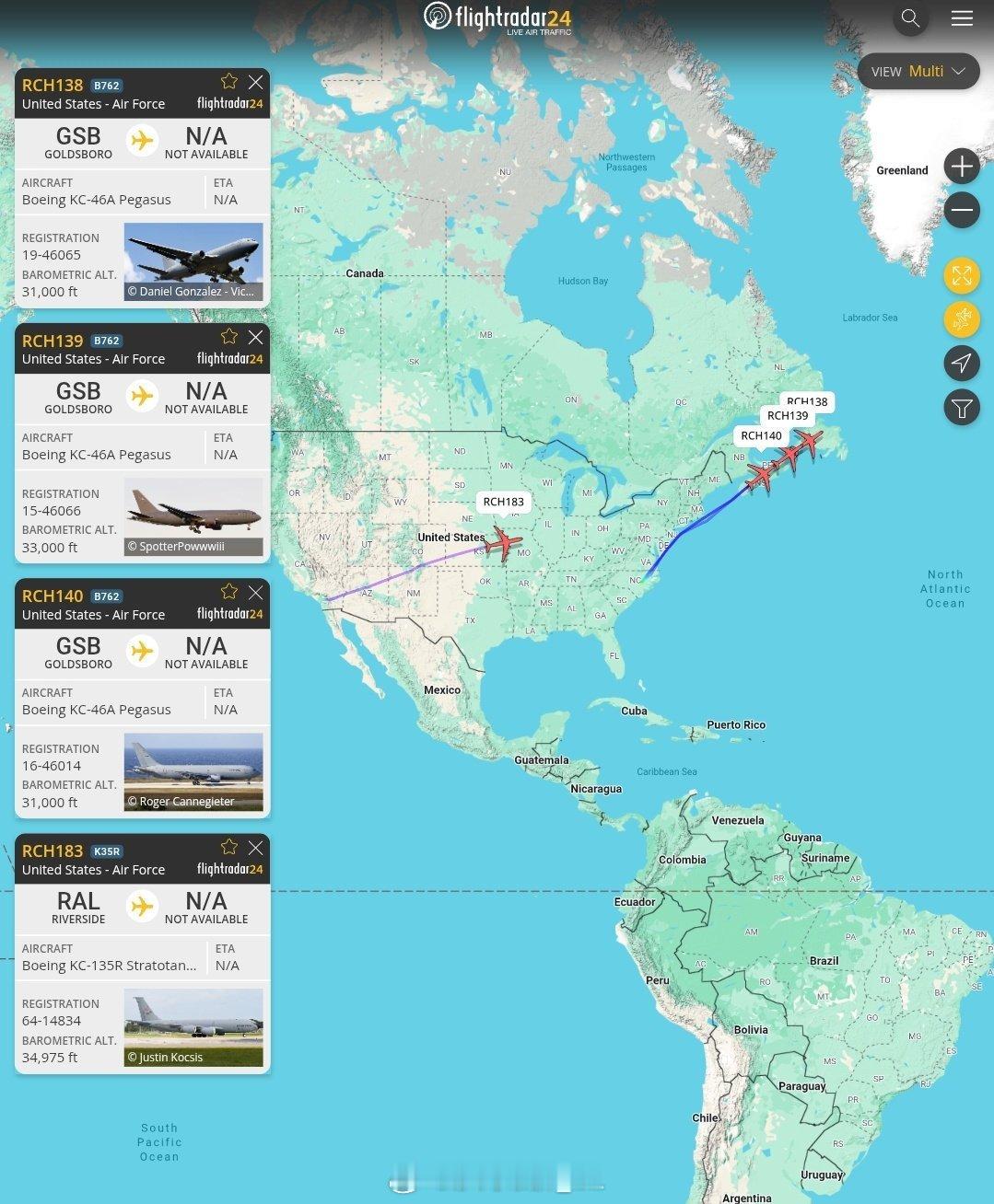 更多的美军加油机从美国本土向东飞行。