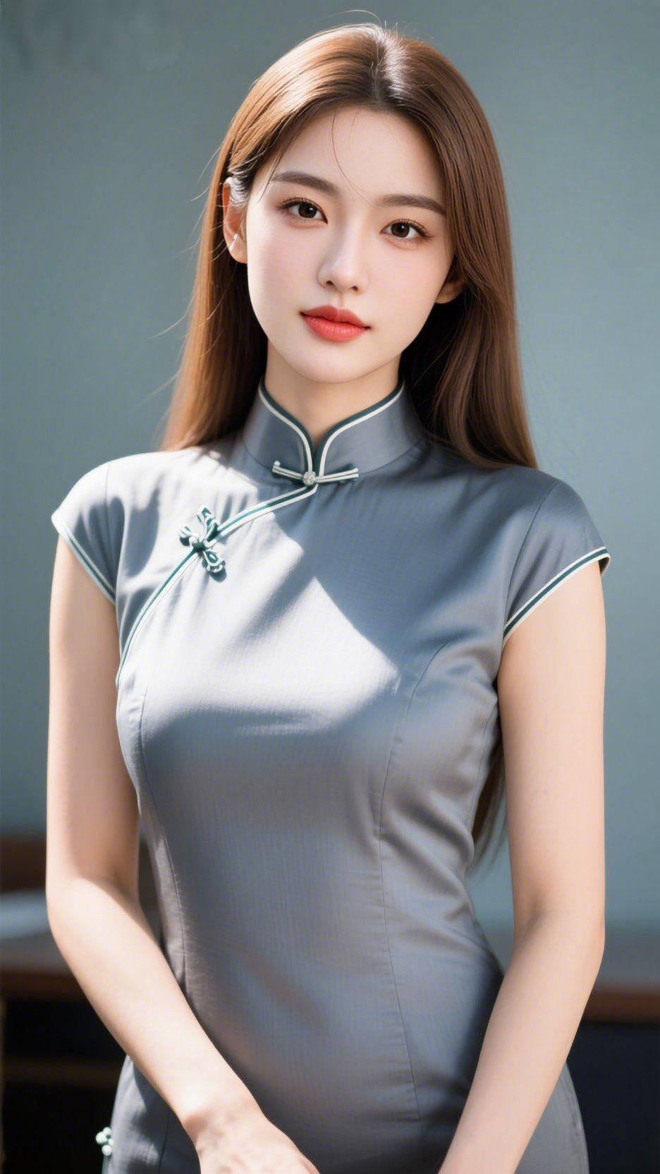 灰襟里的东方温雅浅灰旗袍裹着一襟清宁，领口的青边，是雨巷墙垣上漫开的苔痕淡