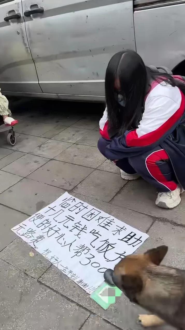 5月31日早上，浙江某地，一女子蹲在街边乞讨，脚下放着一张求助帖：临时困难求助，