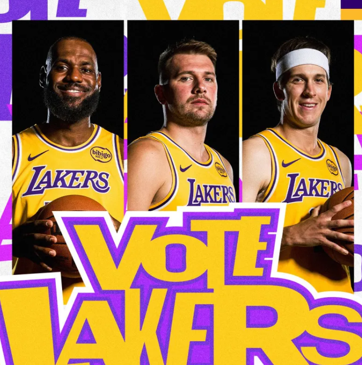 湖人社媒分享全明星造势海报，并配文：“请继续为我们的球员投票。”其中，卢卡-