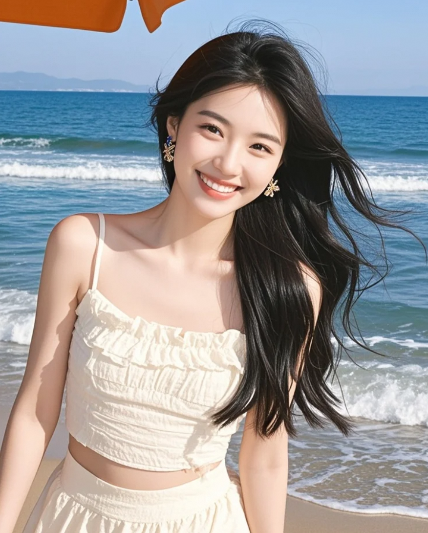 沙滩蜿蜒向前，延伸着她无拘无束的足迹