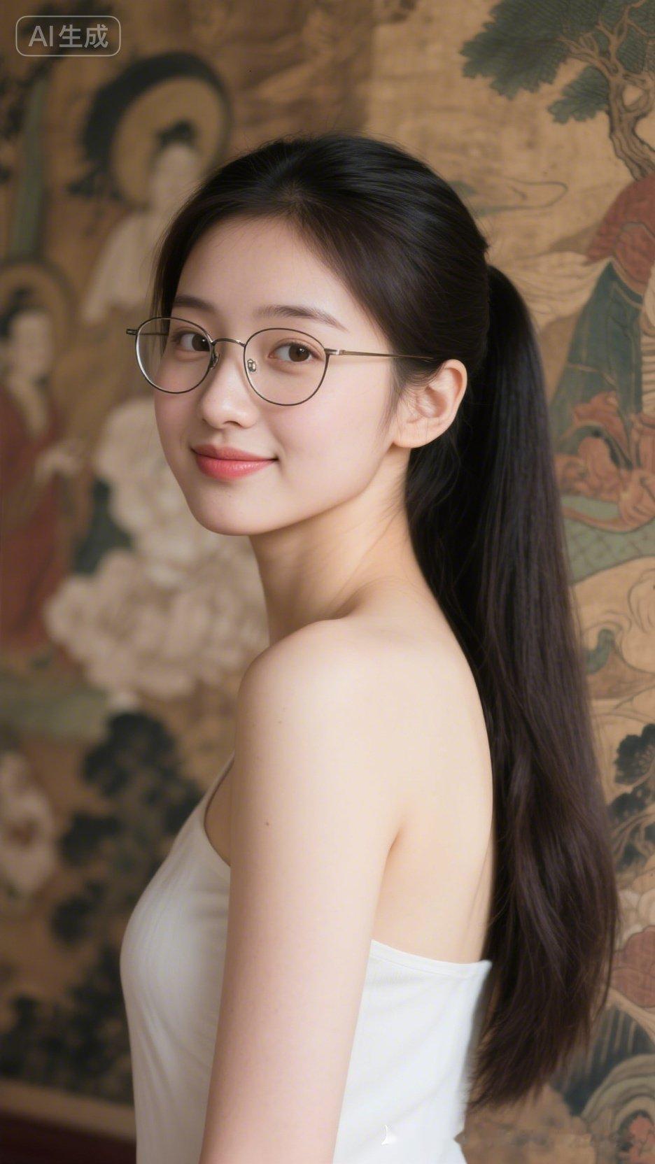 鹅蛋圆脸少女架细框眼镜，高马尾清纯温婉，嘟嘴浅笑娇柔可人。置身壁画场景层次丰盈，