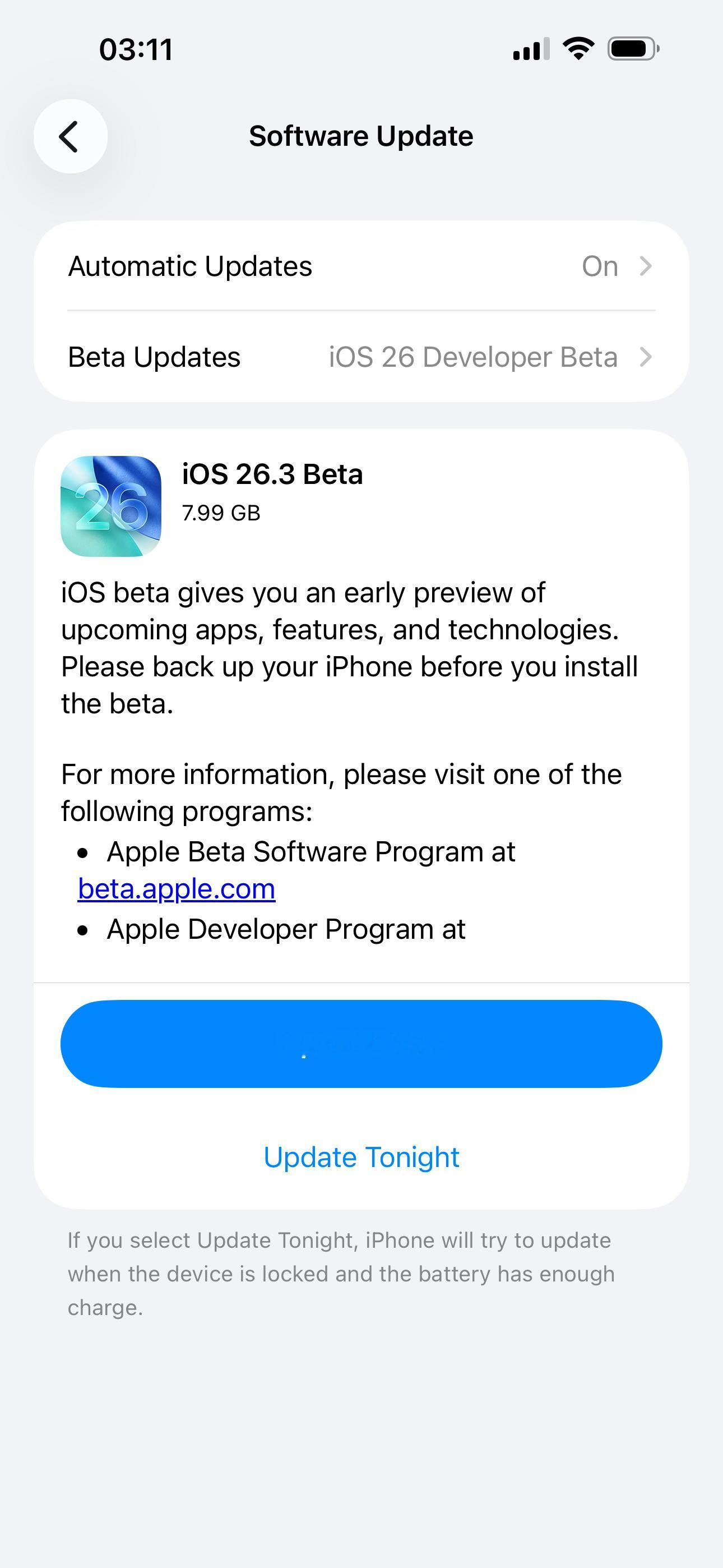 Apple发布DeveloperBeta软件更新：iOS26.3De