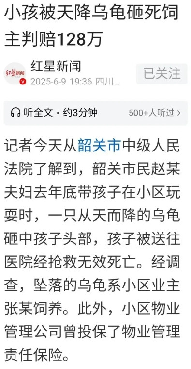 “祸从天降！”广东韶关，赵某带孩子在小区玩耍，突然，天上掉下来一个乌龟砸到孩子头