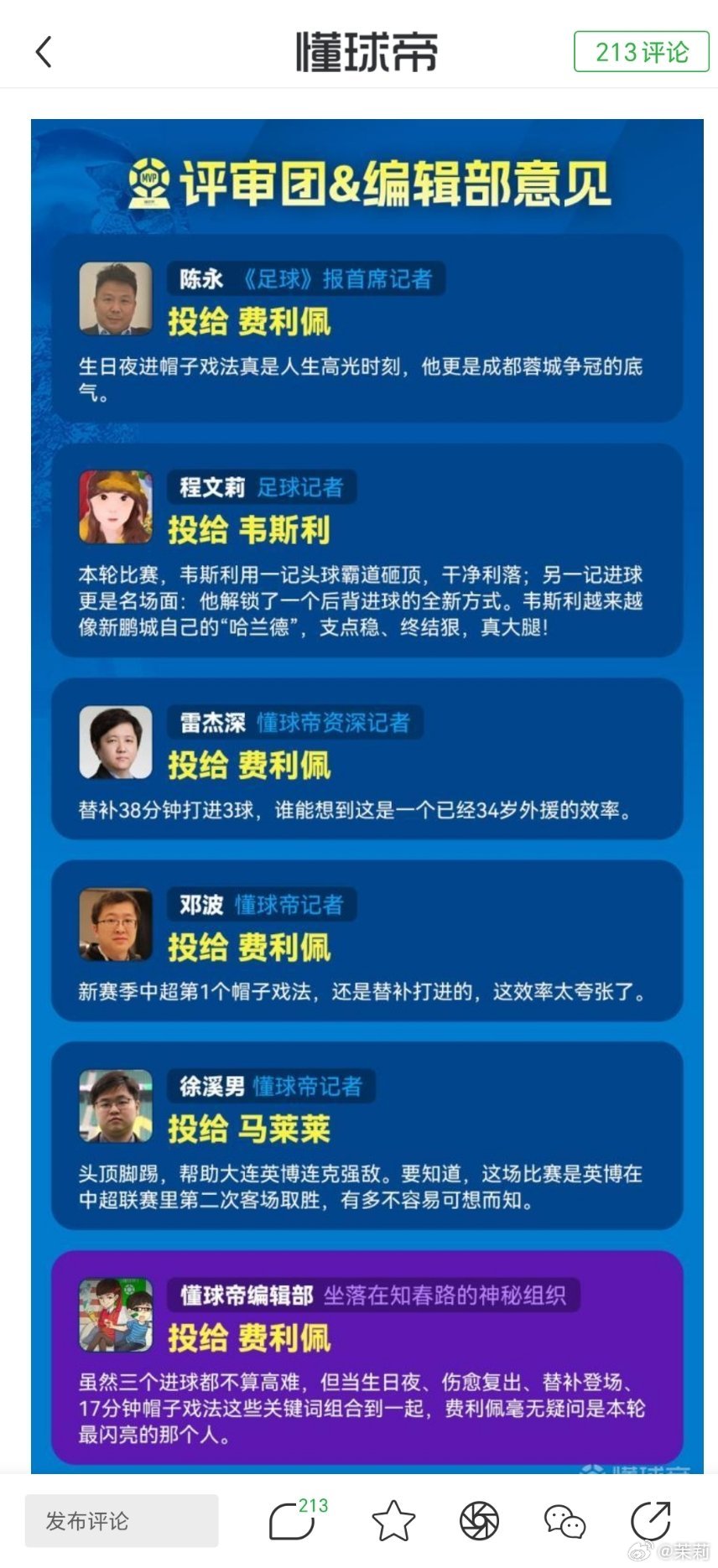 评选中超联赛第四轮最佳球员，成都蓉城费利佩当选，我投给了深圳新鹏城队的韦斯利深