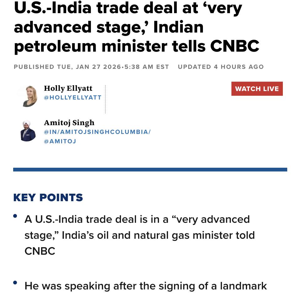 外媒：印度石油部长哈迪普·辛格·普里表示，美印贸易协定已处于“高级阶段”。他强调