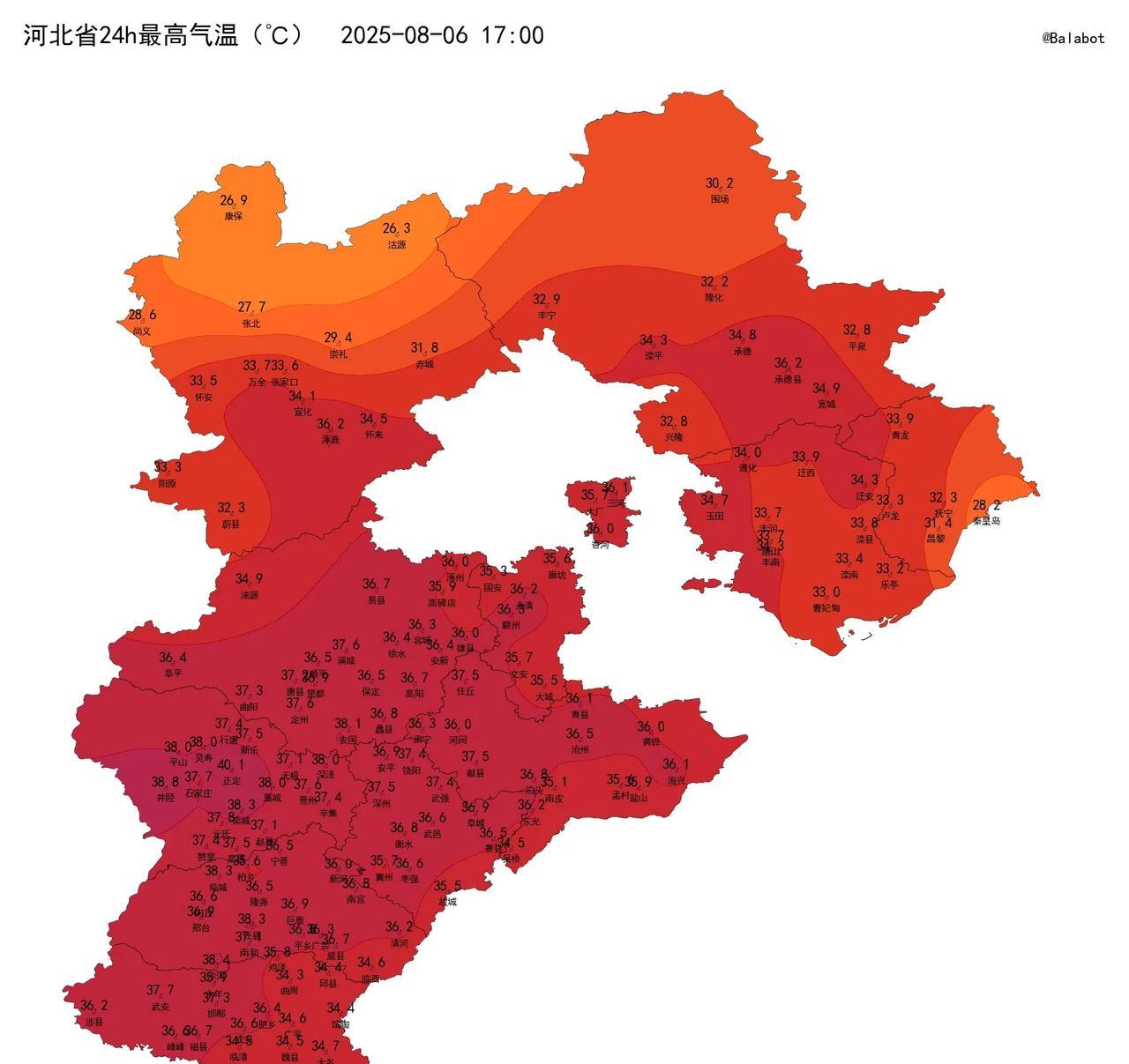 河北8月最高气温纪录于今天被刷新！今天河北大部热浪滚滚，多地最高气温达到或超过