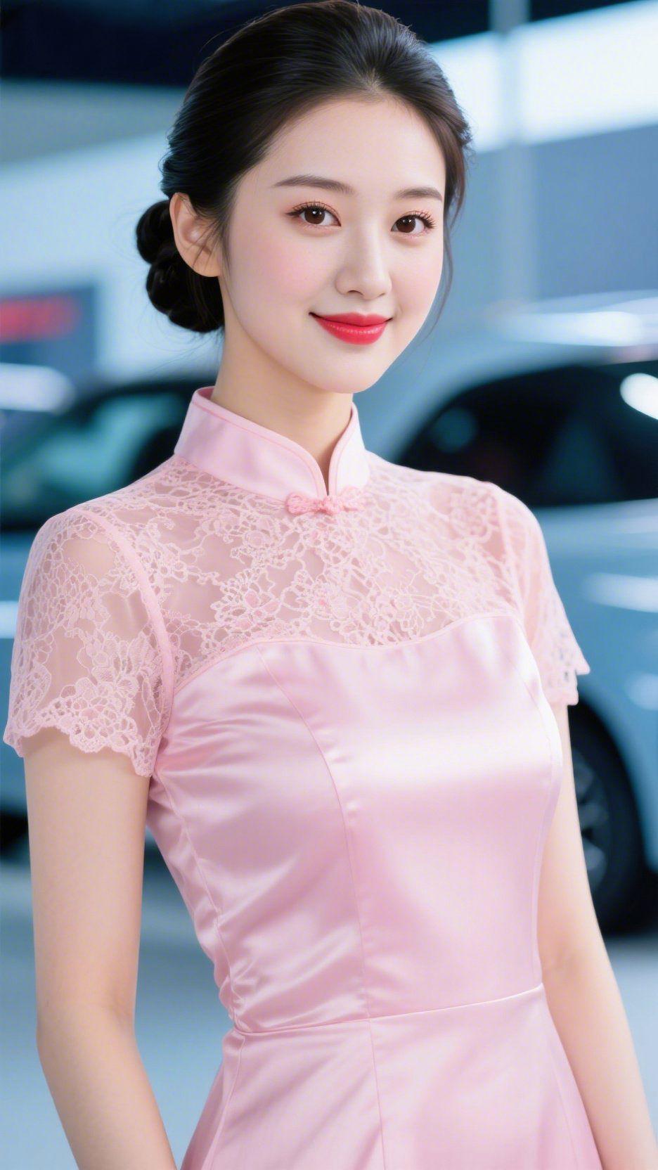 粉襟雅意浸柔光展厅的光揉作软纱，落于她身时，粉旗袍便裹了雾般的柔。蕾丝襟领