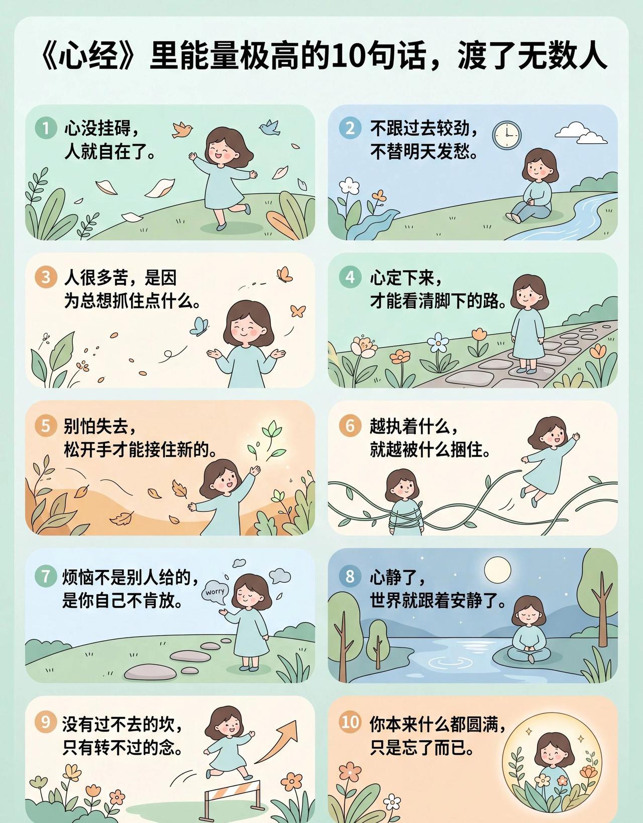 «心经»里能量极高的十句话，渡了无数人。心无挂碍，人就自在。不跟过去较劲，不替明