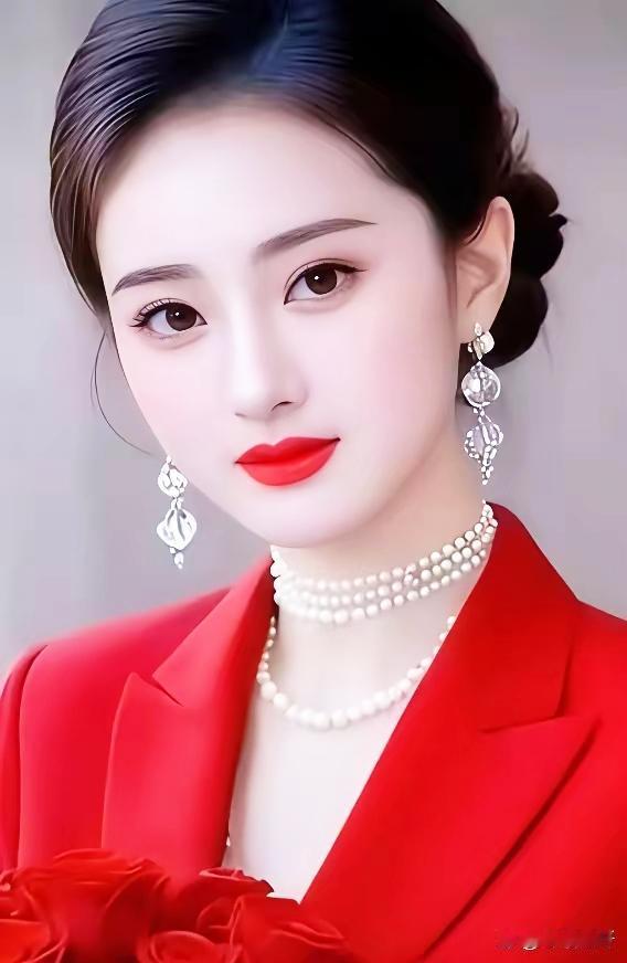 优雅红衣美人，珍珠项链与耳环相映成辉，尽显高贵气质！💄💎✨