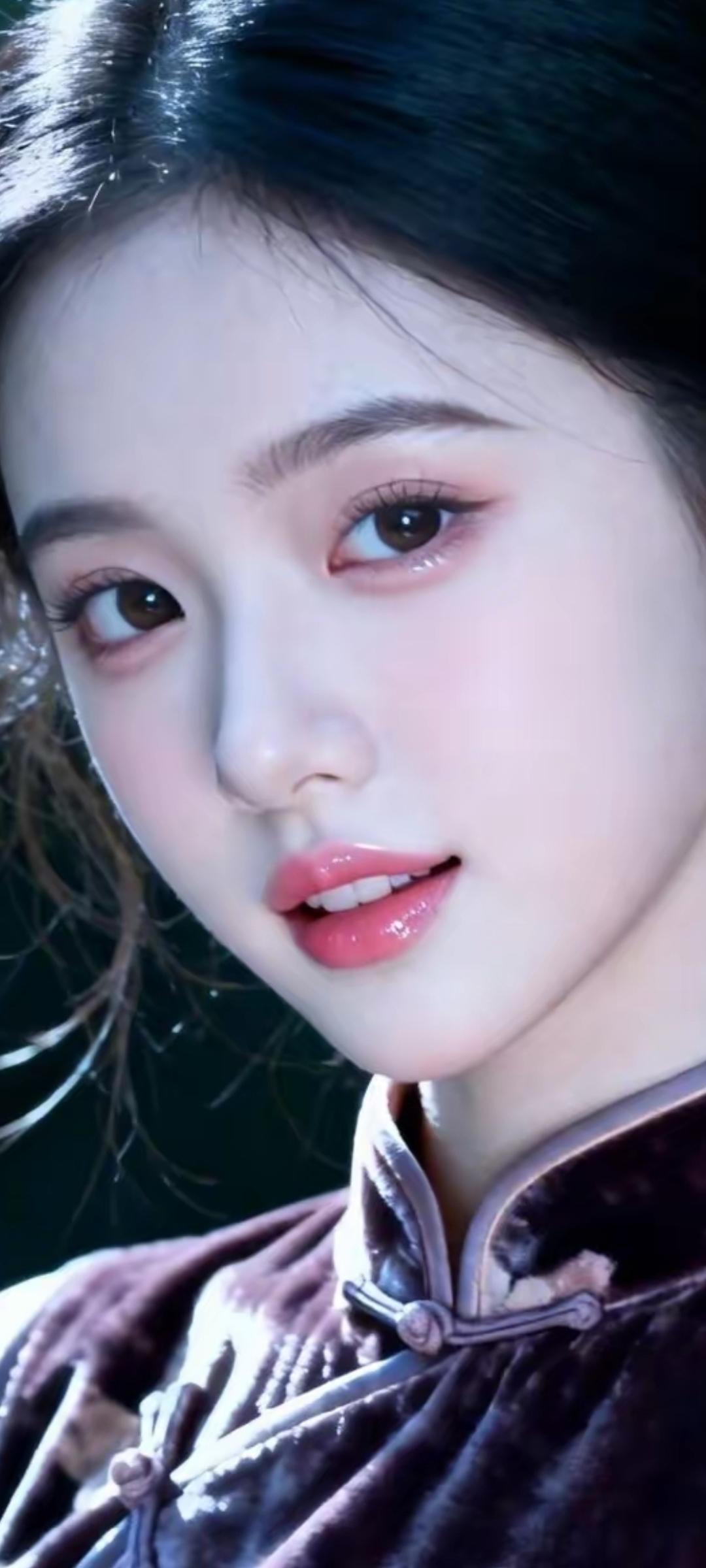 惊艳的古典美人，红唇轻启，宛如画中仙子。