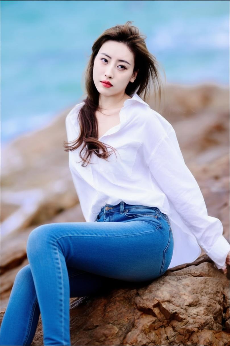 白衣飘飘，海风轻拂。