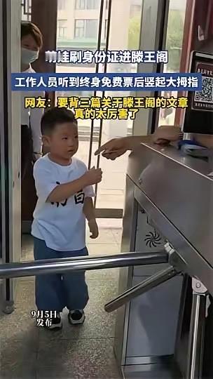 一个三岁孩子刷脸进滕王阁，闸机屏幕上跳出四个字：终身免费。不是半价，也不是单