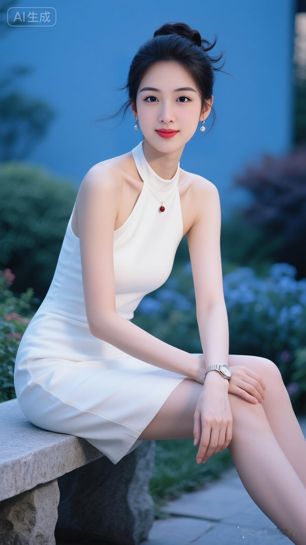 优雅白裙，静坐花丛，时光静好