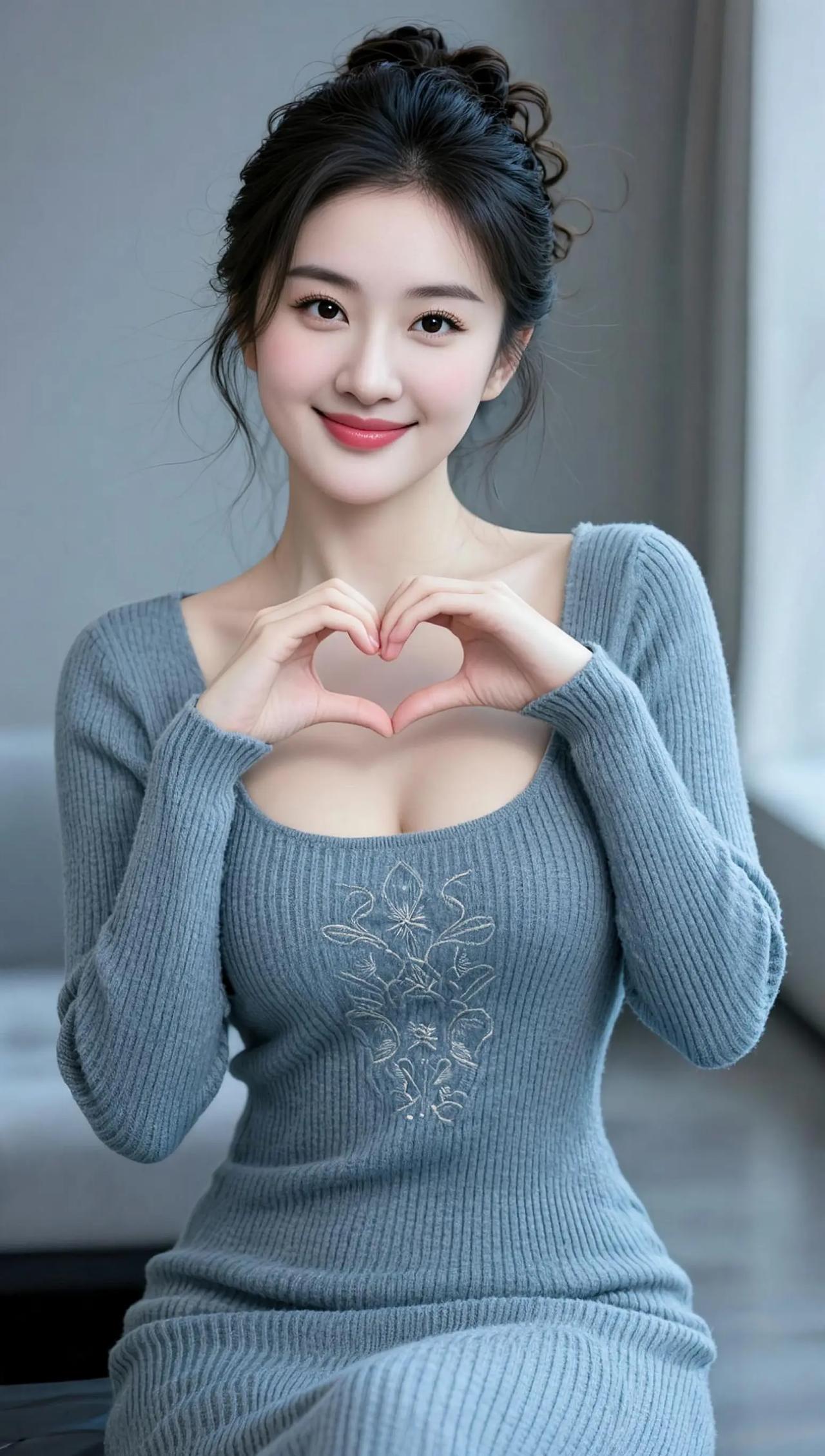 温柔甜美的少女心，蓝灰色毛衣搭配心形手势，尽显可爱与俏皮！💕🌸💖