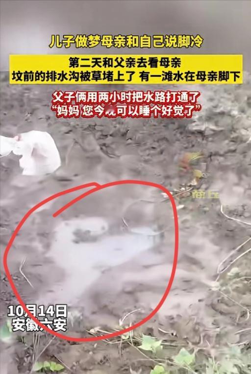 10月14日报道，安徽六安一儿子做梦，妈妈跟他说脚冷，第二天和爸爸去坟前一看，好