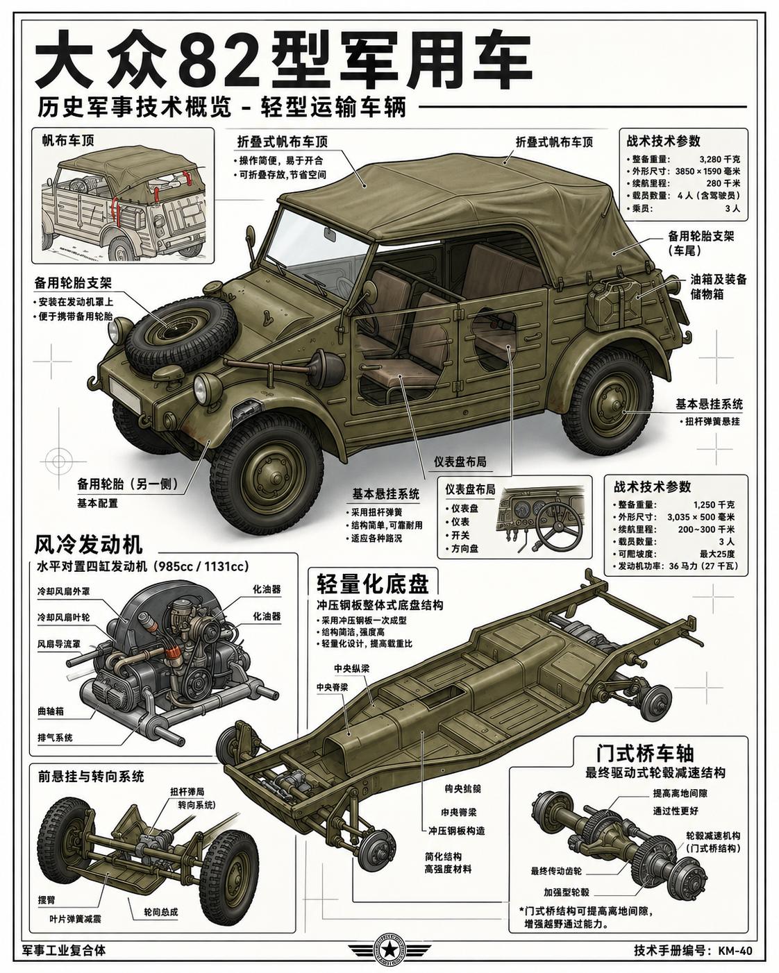 这张解剖图，把二战德军的“平民神车”——大众82型桶车（Kübelwagen）的