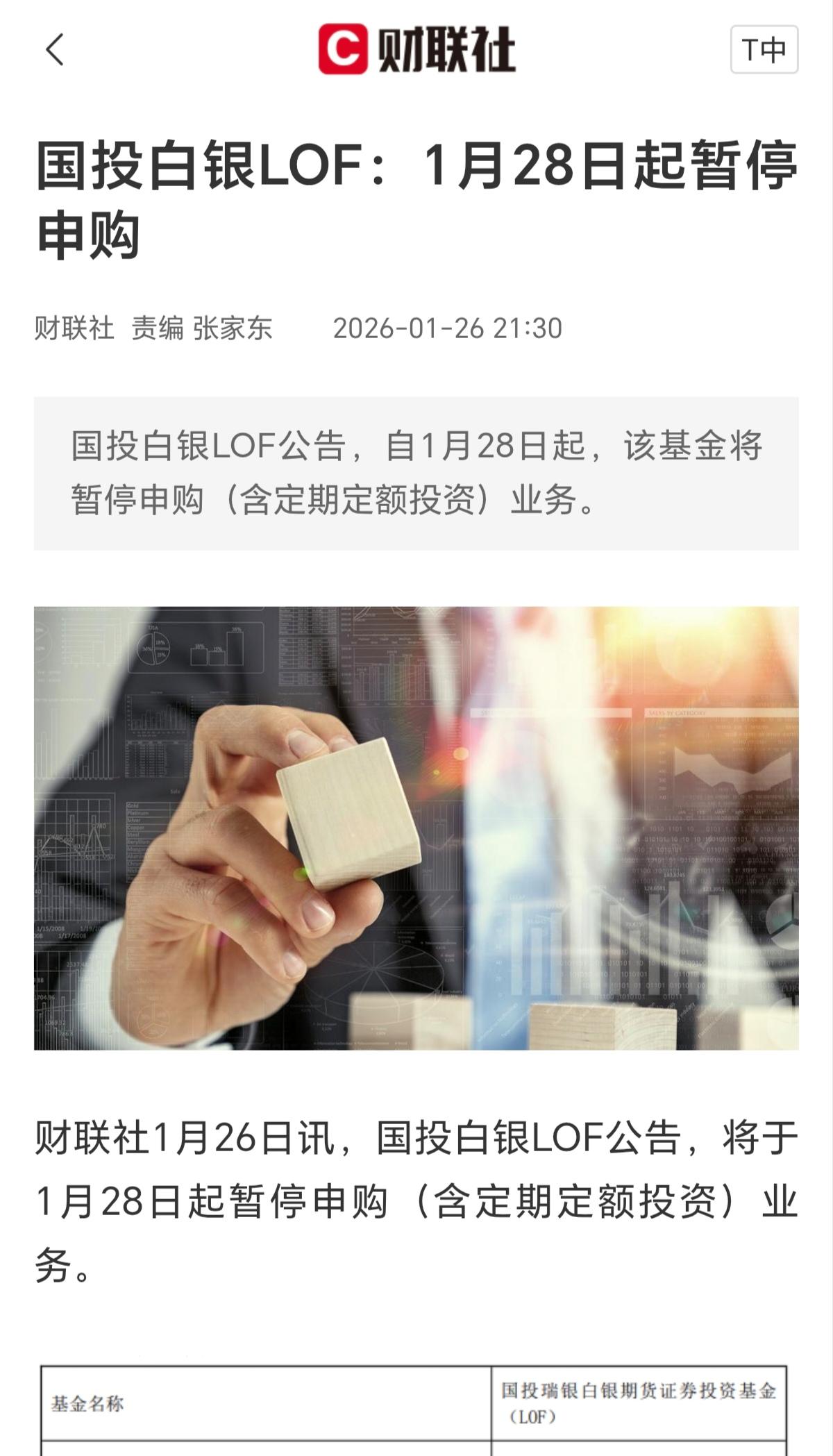 它终究是来了，由于你们疯狂的买入白银，导致国投白银LOF从1月28号开始暂停申购