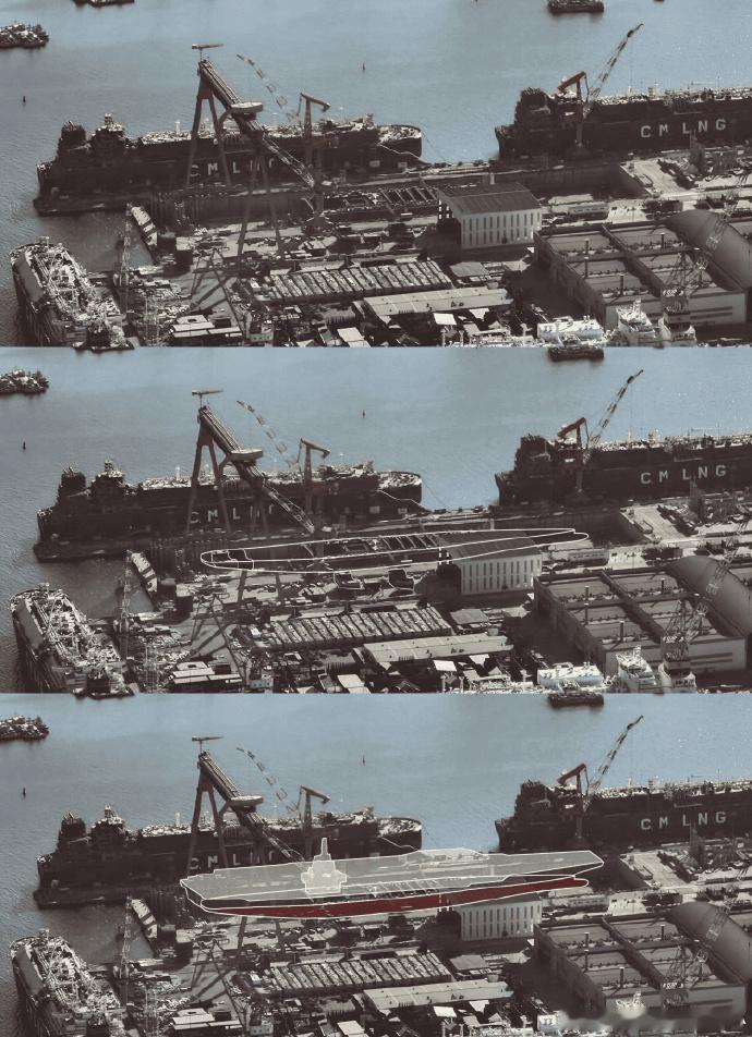 北方某造船厂内的新一代航母逐步开始成型了，网上说2个堆的屏蔽箱都已到位，很快就能