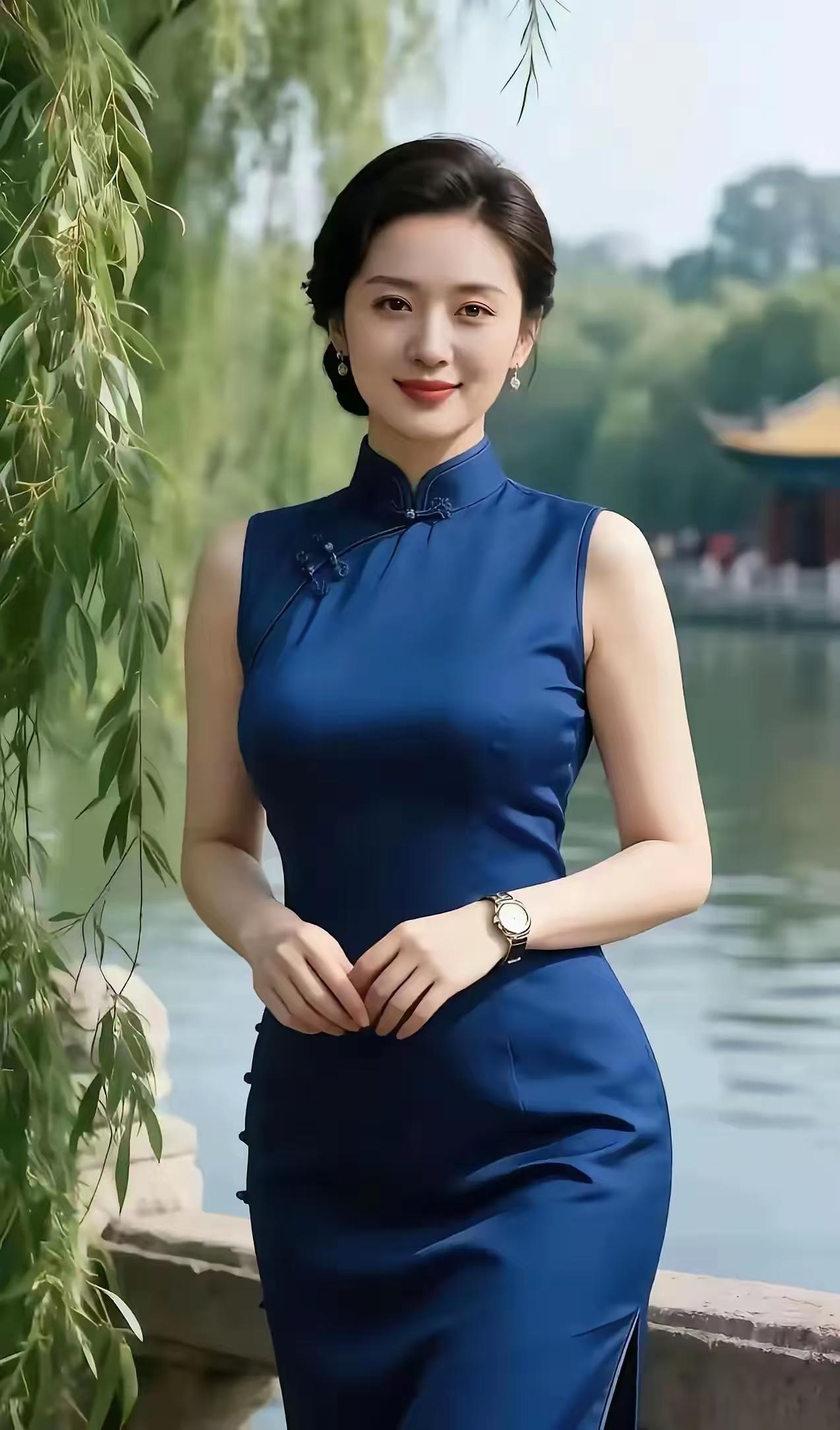 清平乐·蓝旗袍韵蓝衫轻漾，湖畔时光畅。恰似尤妮姿韵放，蓝映肤莹堪赏。