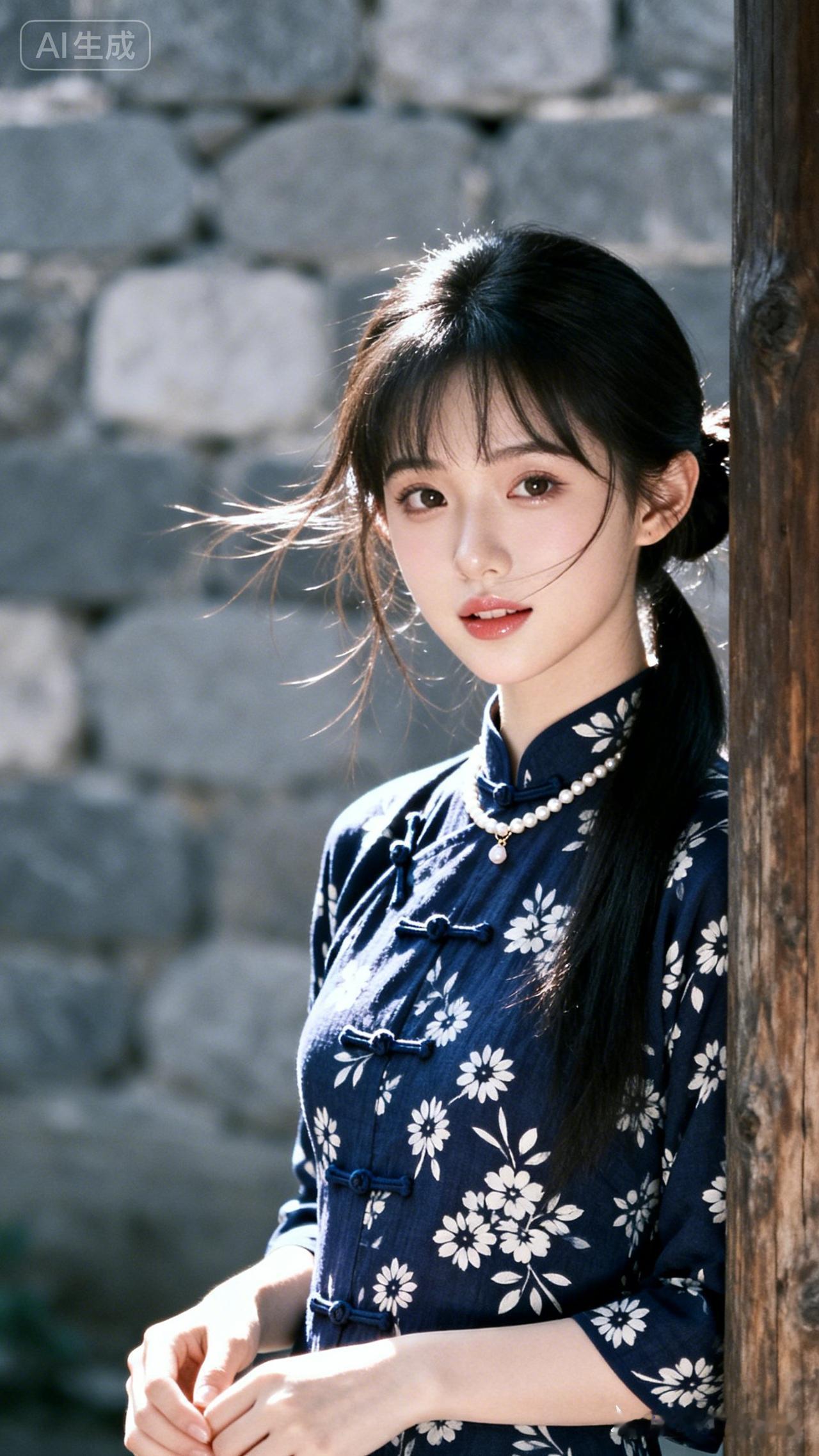 一袭蓝衣，花影摇曳，古典韵味，美不胜收！