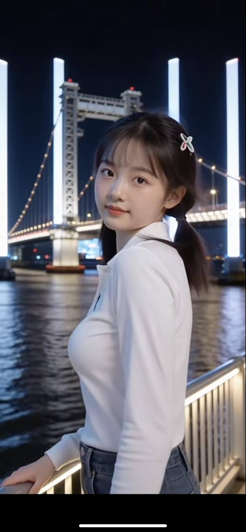 夜晚的江边，少女与灯火交辉，美不胜收！🌃✨