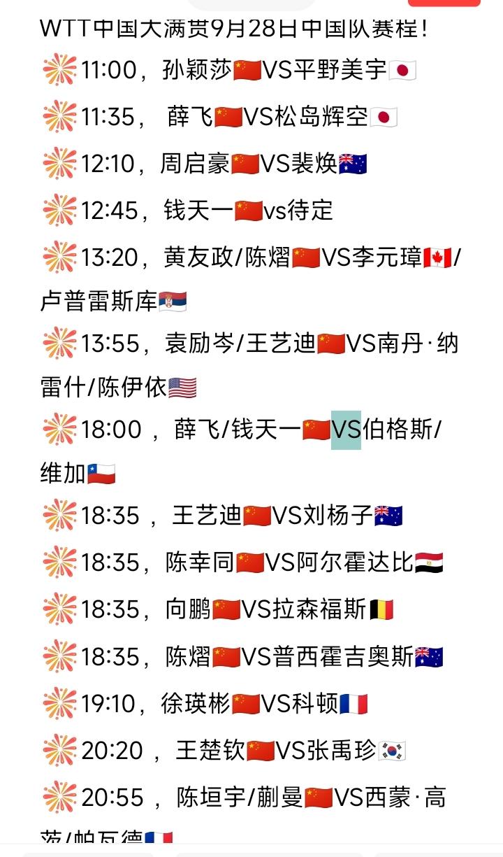 孙颖莎开场首秀！王楚钦黄金时段开打！明日（9月28日，周日）赛程来喽[笑着哭]